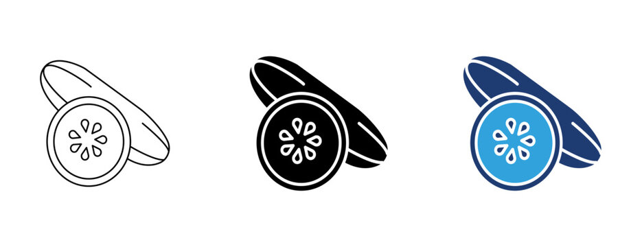 Cucumber slice icon set featuring outline, solid, and duotone styles for healthy food, agriculture, and culinary graphics.