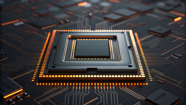 Monumental next generation artificial intelligence processor chip with glowing circuitry, futuristic technology concept, and intricate electronic