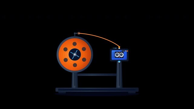 Flat vector 3D printer filament spool feed mechanism with rotating reel and dual drive extruder gears in seamless loop on transparent background.