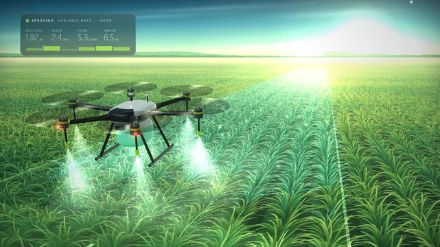 Agricultural Drone Spraying Crop Field With Variable Rate Auto HUD