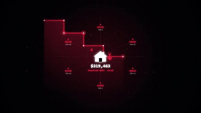 House interest rate graphic showing falling property market values. 4k