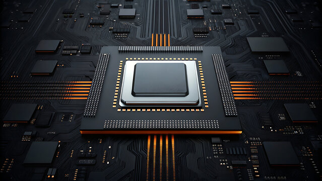 Sleek artificial intelligence processor dark circuit board, glowing orange traces and electronic components create powerful futuristic computing