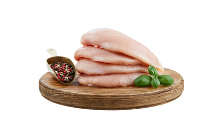 Raw chicken breast fillets stacked on wooden board with peppercorns and basil © Matthias