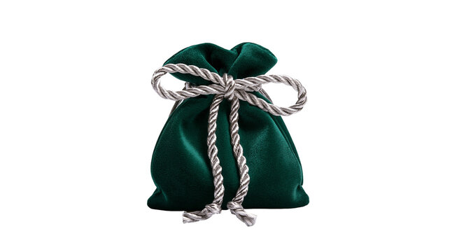 Dark green velvet drawstring pouch with a silver twisted rope cord tie