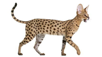 Spotted Serval cat walking with mouth open showing teeth © Matthias