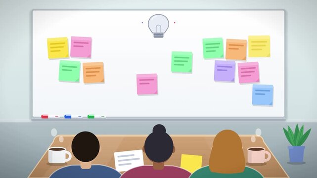 Brainstorming session with sticky notes for creative idea and solution development on a whiteboard
