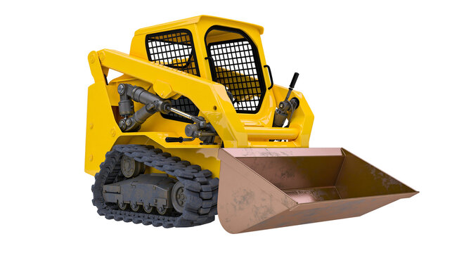 Yellow compact track loader with front bucket and metal tracks
