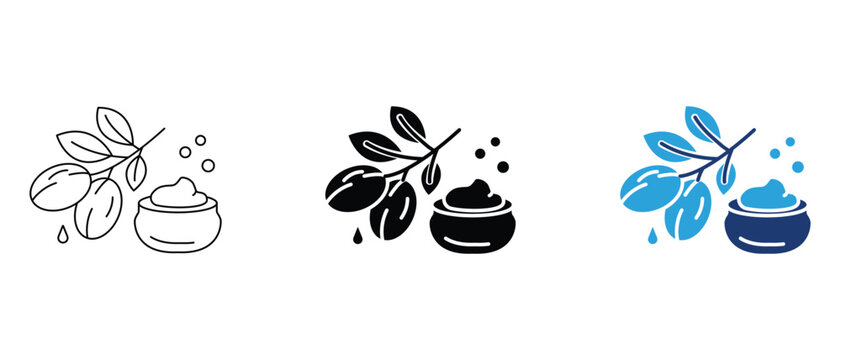Shea butter and cosmetic jar icon set with outline, solid, and duotone styles for natural skincare and organic beauty graphics.