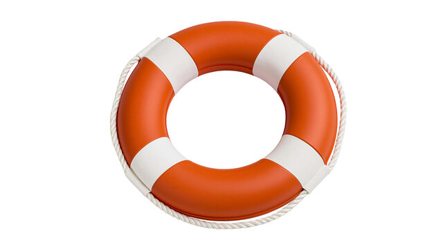 Orange and white circular lifebuoy ring with attached braided rope