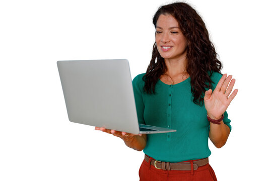 Woman waving hello during video call, communicating online for remote work with transparent background