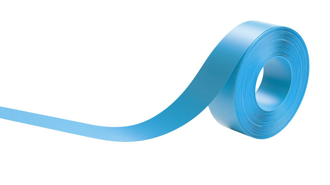 Bright blue plastic adhesive tape roll unrolling