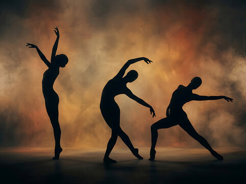 Three graceful ballet dancers performing artistic contemporary dance
