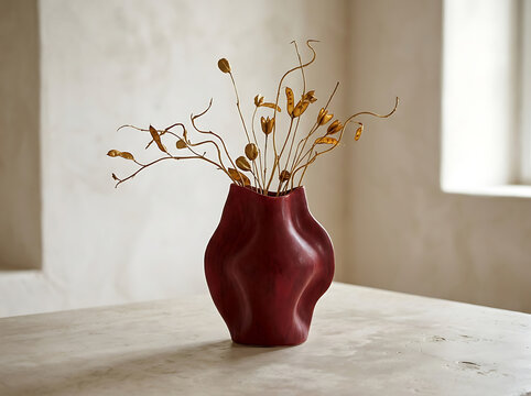 Minimalist red ceramic vase with dried golden branches on a rustic