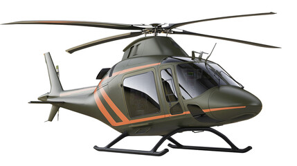 Olive green military helicopter with orange stripes and black landing skids © Aisling