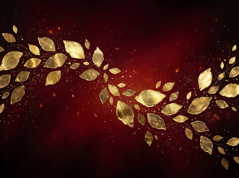 Golden leaves flowing on dark red background with glowing particles