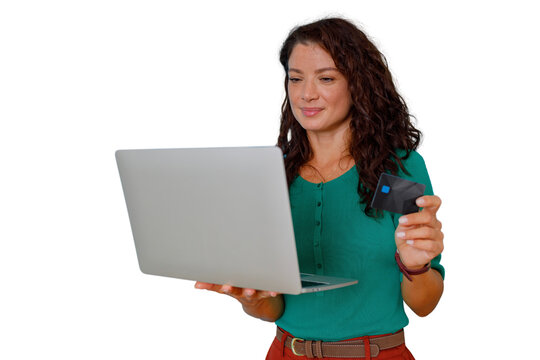 Woman shopping online with credit card and laptop, purchasing goods from e-commerce store, easy digital payment method