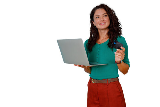 Woman holding laptop and credit card, online shopping for e-commerce, digital payment, transparent background