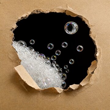 Soapy bubbles escaping through ripped cardboard surface