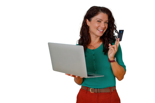 Woman smiling while holding laptop and credit card, enjoying convenient online shopping and banking on transparent background