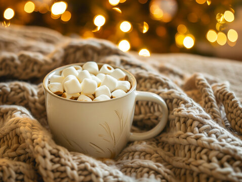 Cozy hot chocolate mug filled with white mini marshmallows on thick knitted wool blanket close up warm winter holiday beverage evening with blurred golden christmas tree bokeh background
