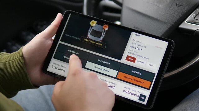 Driver reviews a digital vehicle damage claim on a tablet, checking recorded defects, repair estimates and safety items during a modern insurance assessment workflow.