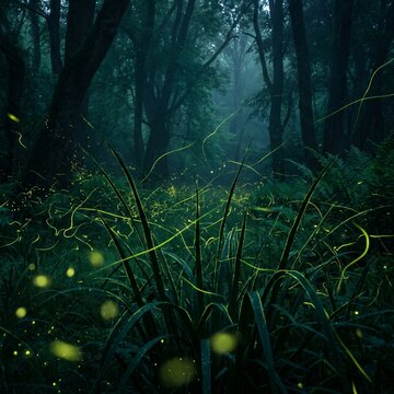 Magical fireflies glowing in a dark misty forest at twilight scene