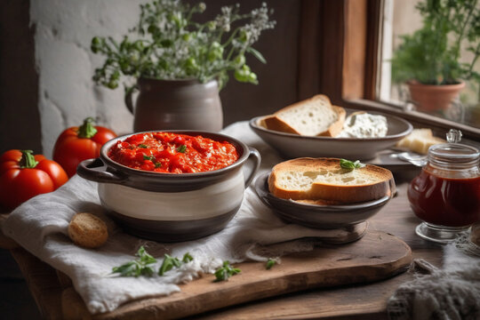 Balkan table with fresh bread and food bowls