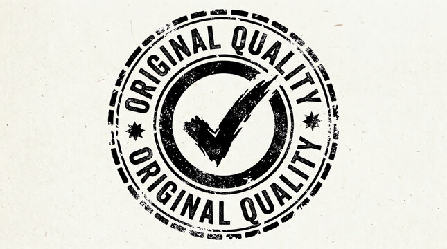 Black ink rubber stamp design with the text original quality and a check mark symbol