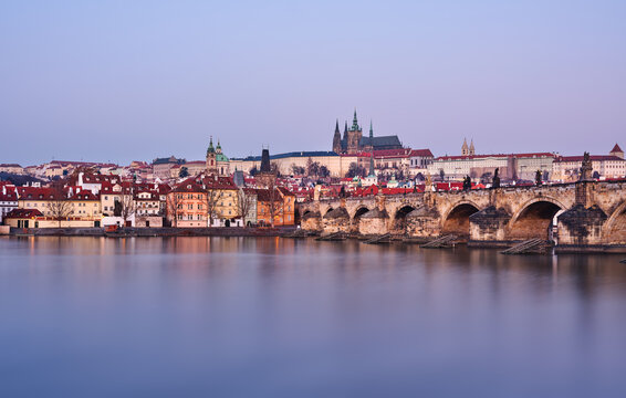 Charles Bridge and Prague Castle at blue hour on the Vltava