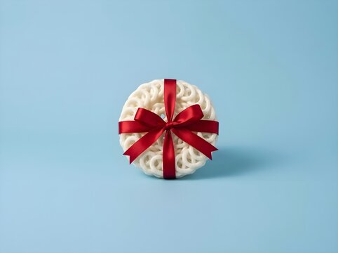 Traditional Indonesian white cracker (kerupuk) tied with red ribbon like a luxury gift on pastel blue background