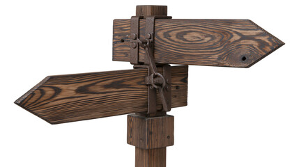 Weathered wooden directional signpost with two arrow shaped boards and iron mounts © Asmud