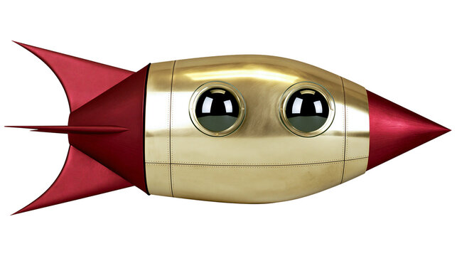 Vintage retro style gold and red metal space rocket ship with round portholes