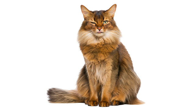 Somali cat with long brown fur winking and sticking out tongue