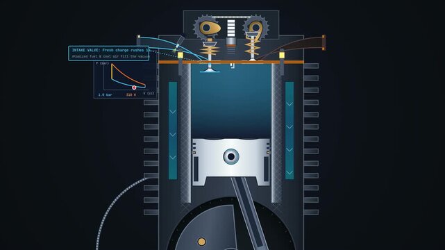 Educational animation of Otto cycle thermodynamics in a four stroke internal combustion engine explaining intake compression power and exhaust strokes with a pressure volume pv diagram