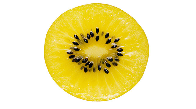 Fresh sliced golden kiwi fruit with black seeds showing juicy yellow pulp texture
