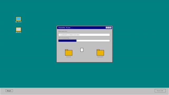 Classic Retro Computer Desktop Interface Showing File Transfer Progress Window With User Folders Icons Displayed On Teal Screen For Old School Operating System Experience For Digital Technology