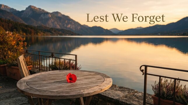 Red poppy flower resting on rustic wooden table beside tranquil lake with mountains during golden sunset lest we forget.