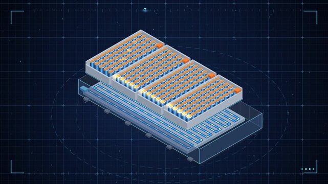 Electric car battery pack assembly exploded view, cells, modules and cooling plate fitted into an EV, 4K animation 