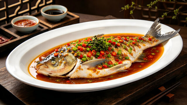 Steamed Bighead Carp Head in Styled Food Photography Setting, Signature Jiujiang Jiangxi Cuisine