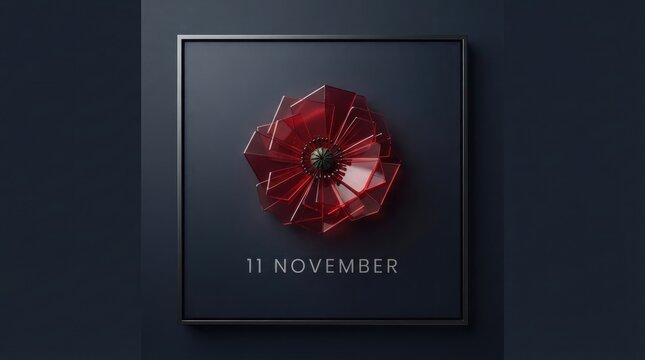 Remembrance day poppy art poster with glass flower sculpture on dark background commemorating november eleven war memorial.