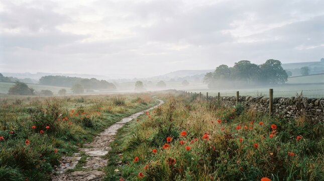 Narrow stone path winding through foggy English countryside pasture with wild red poppy flowers and rustic stone wall.