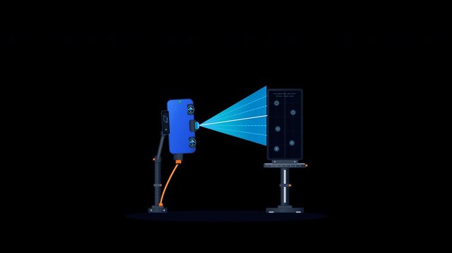 Flat vector handheld industrial 3D scanner projecting laser structured light and target tracking in seamless loop on transparent background.