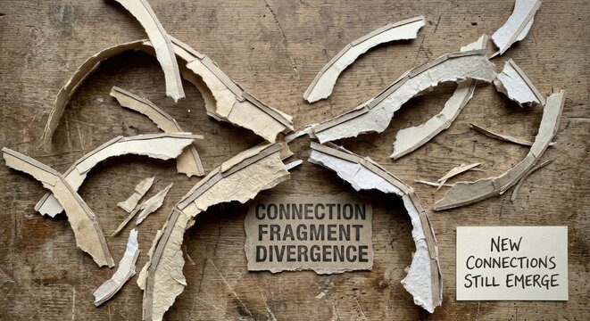 Paper bridges arranged to symbolize connection, fragment, and divergence on a wooden surface.