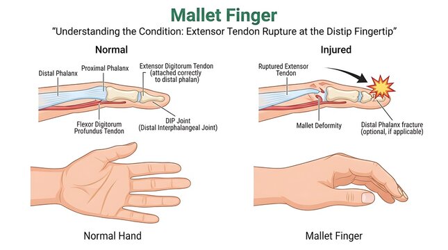Medical illustration comparing normal finger anatomy to a mallet injury condition with extensor tendon, distal phalanx, hand orthopedic joint deformity