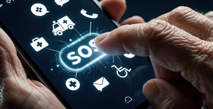 Senior person touches SOS button on smartphone screen. Elderly hand uses emergency app for medical help ambulance call. Mobile tech provides safety assistance to old man at home through digital