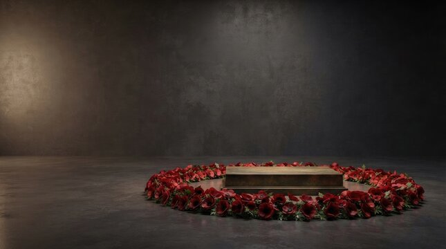 Stone pedestal podium surrounded by vibrant red poppy flowers ring on dark textured concrete floor for remembrance day.
