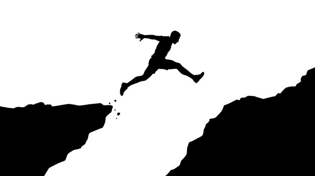 Black silhouette of a person jumping between two rocky cliffs isolated on a white background