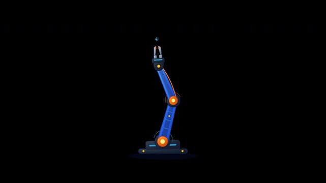 Flat vector industrial robotic arm performing precision joint motion and gripper claw cycle in seamless loop on transparent background.