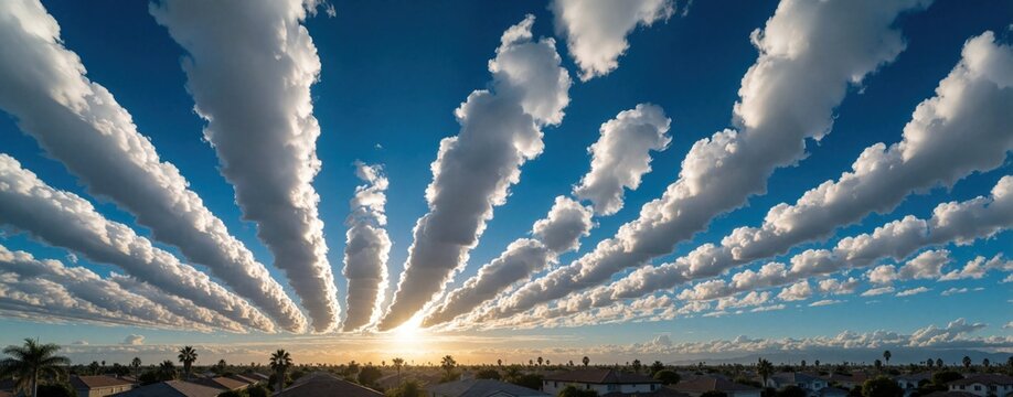 Long parallel rows of white cumulus clouds stretch across blue sky at sunset. Dramatic cloud streets form pattern over residential suburban neighborhood. Beautiful scenic view of nature, weather