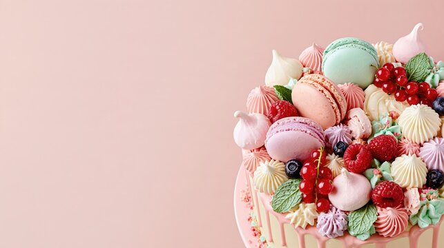 Growth of Pastel Drip Cake with Macarons and Fresh Berries on Pink Background